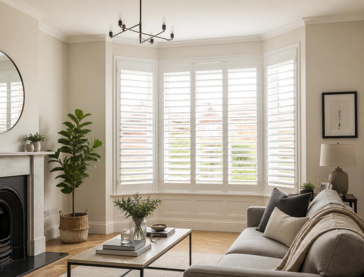 White hardwood plantation shutters fitted in a Manchester living room
