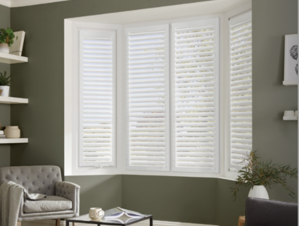 White perfect fit shutters in a bay window with olive green walls
