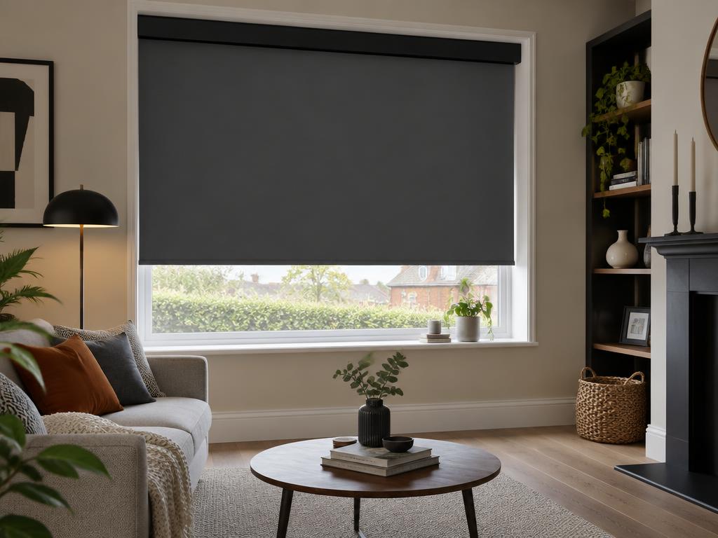 Roller blind in a black cassette in a stylish lounge