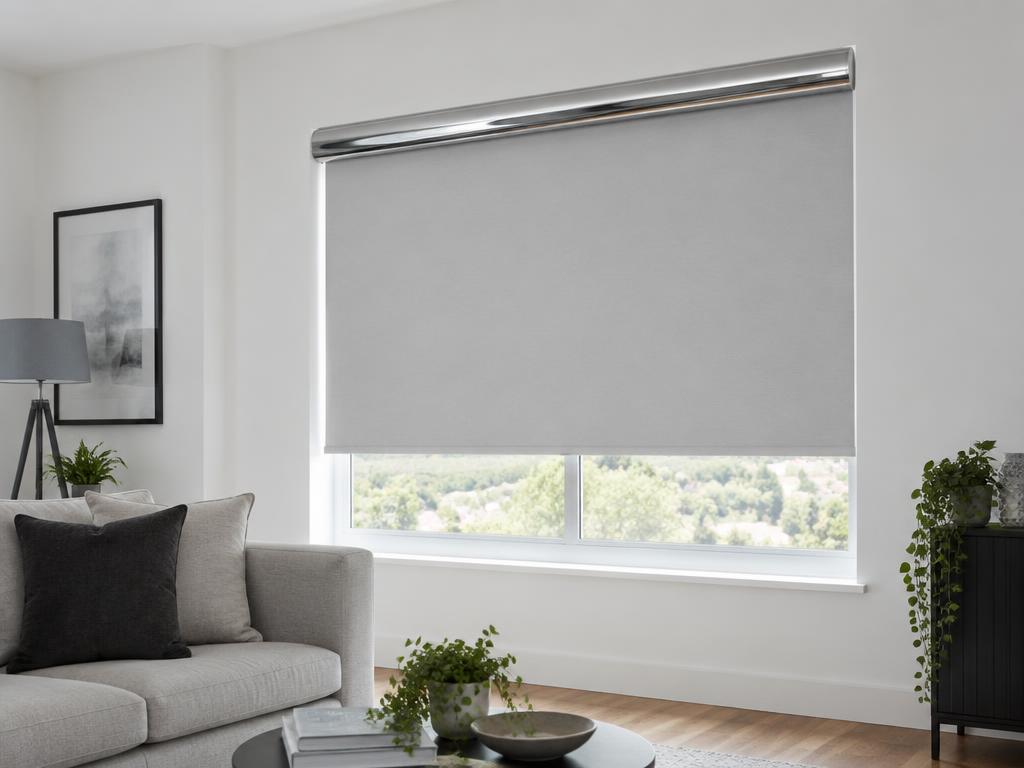 Roller blind in a polished chrome cassette in a bright living room