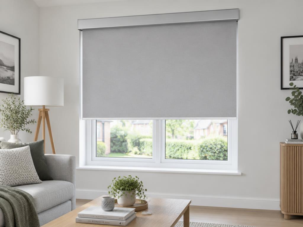 Roller blind in a satin silver cassette in a bright living room