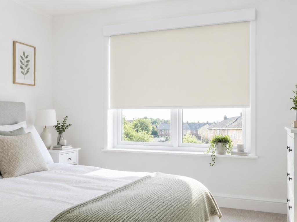 Roller blind in a white cassette in a bright bedroom