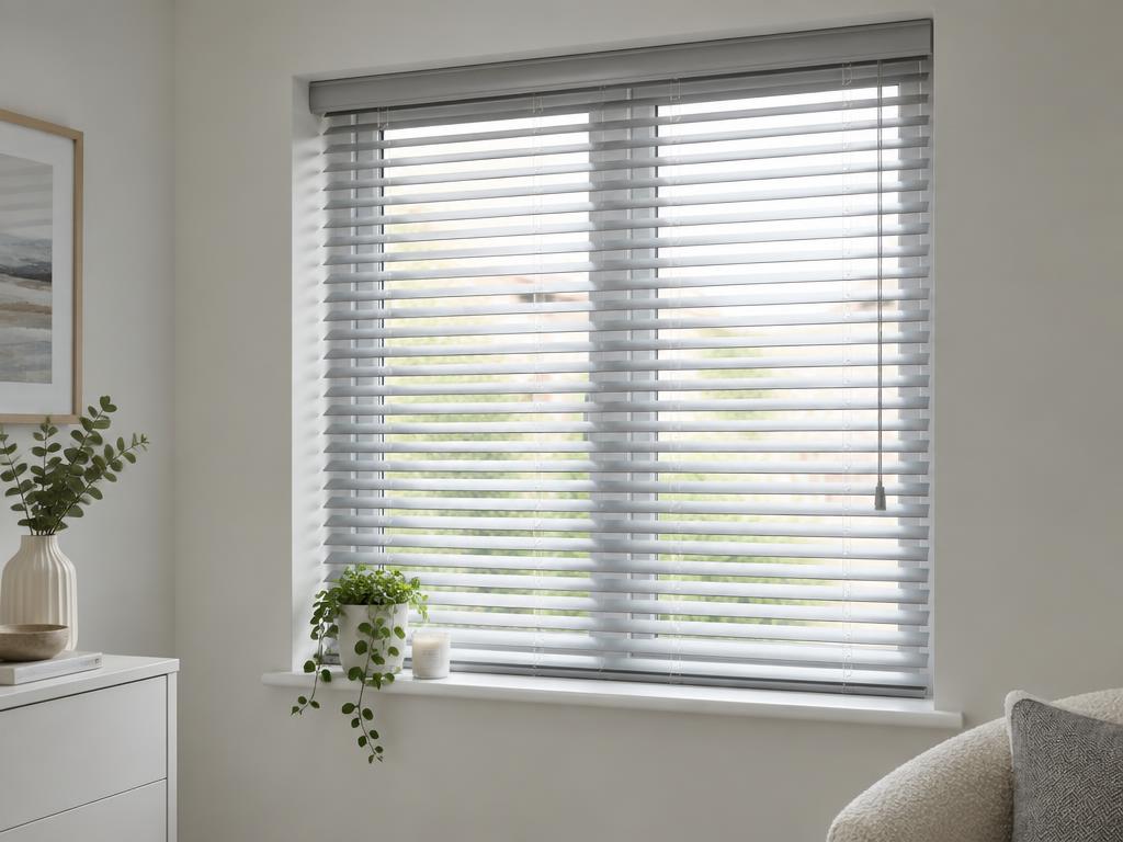 White fauxwood Venetian blind with slim 25mm slats in a bright kitchen