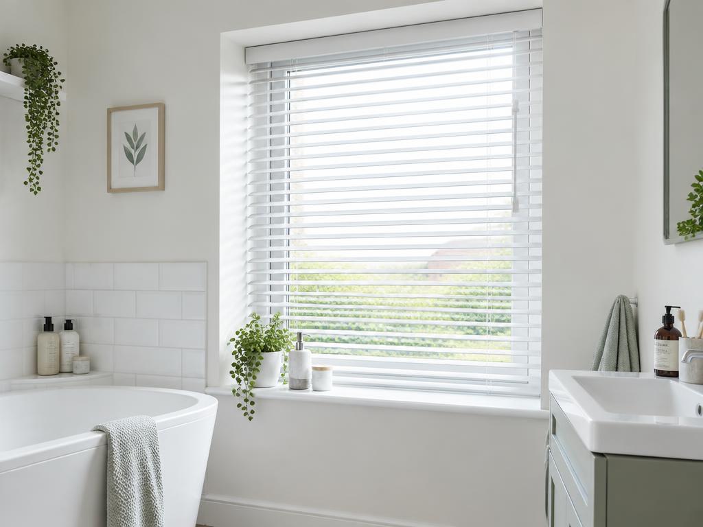 White fauxwood Venetian blind with 35mm slats in a bright bathroom