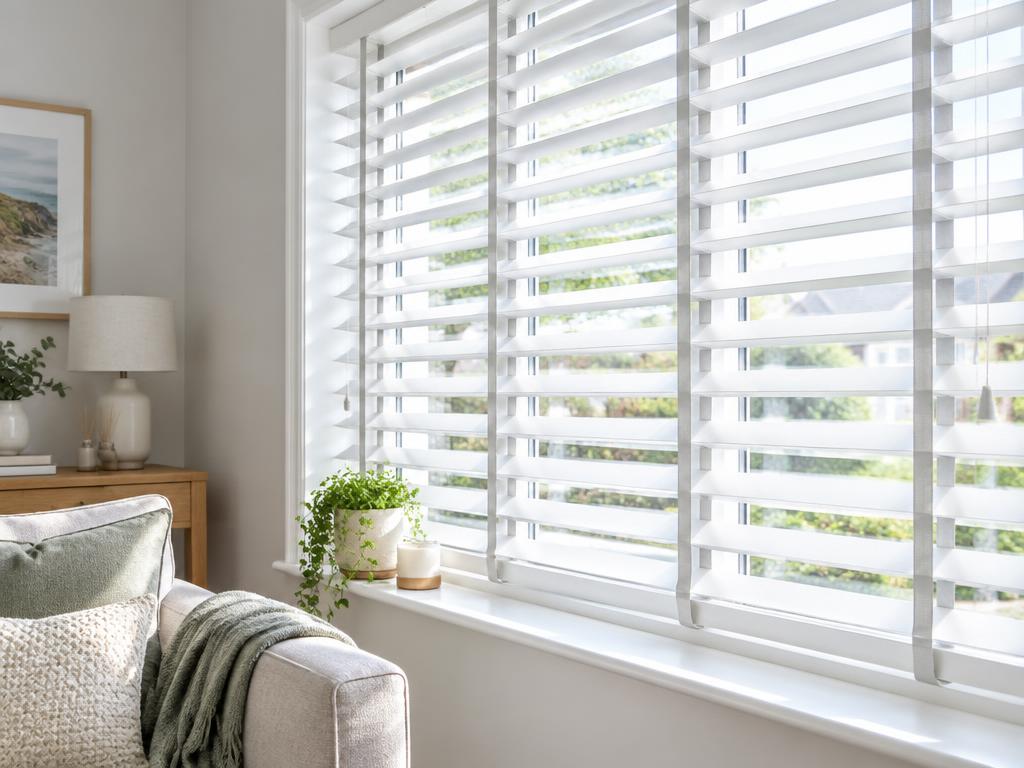 White fauxwood Venetian blind with 50mm slats in a sunlit living room