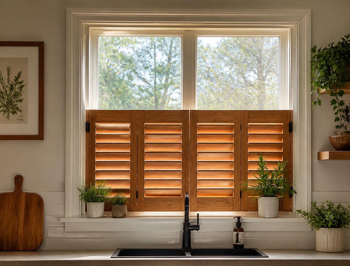 Café-style hardwood shutters on a kitchen window