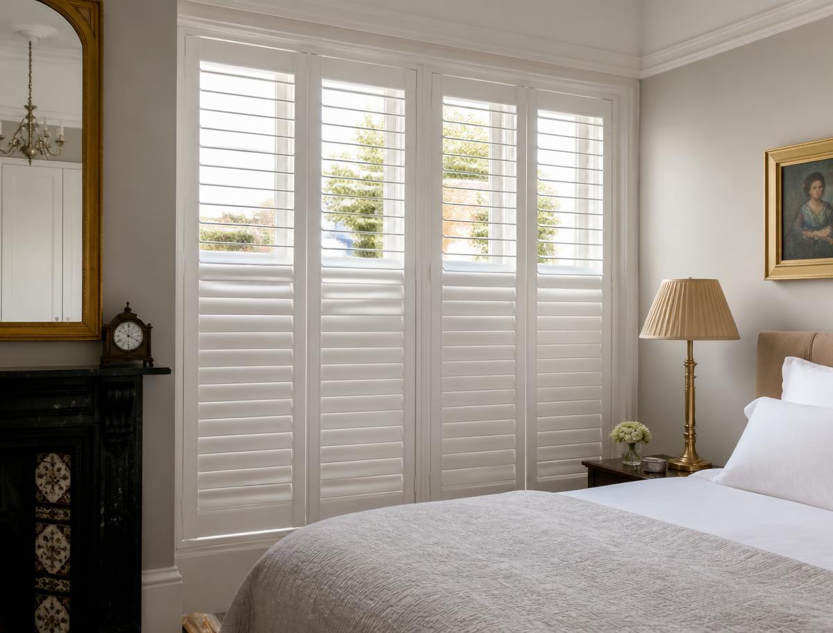 White tier-on-tier hardwood shutters in a period bedroom