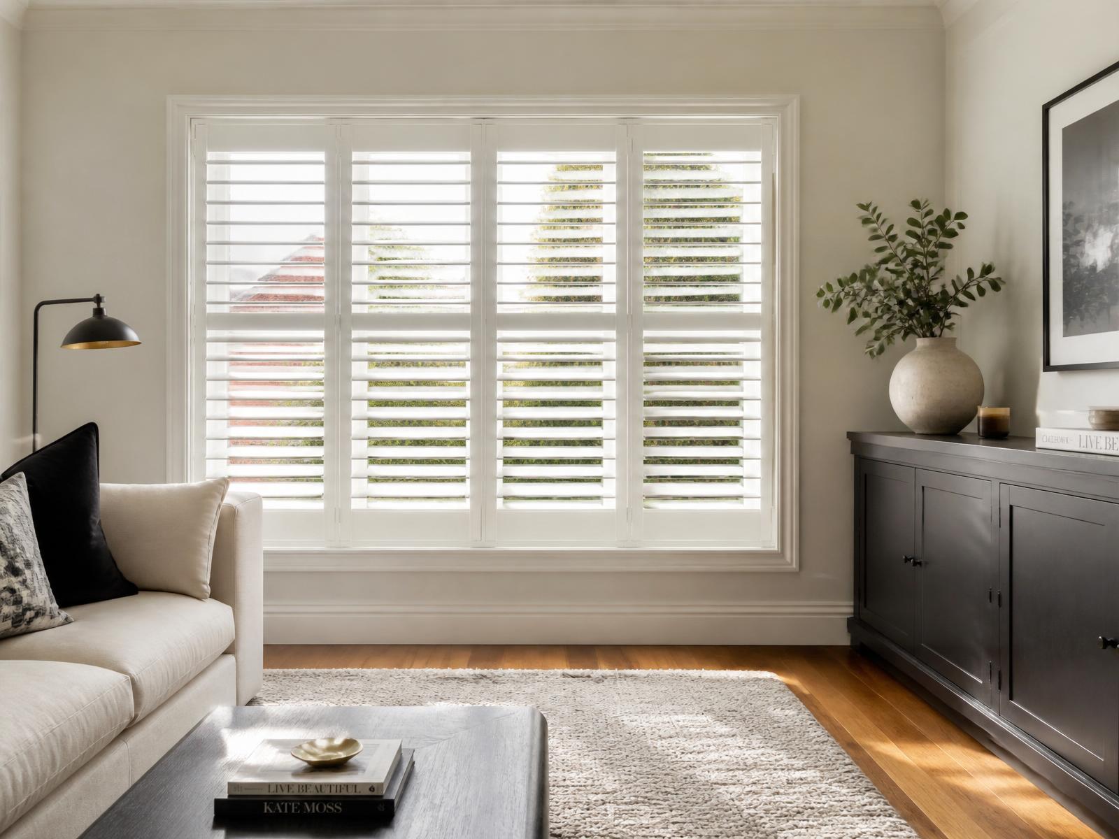 Manchester living room with fitted plantation shutters