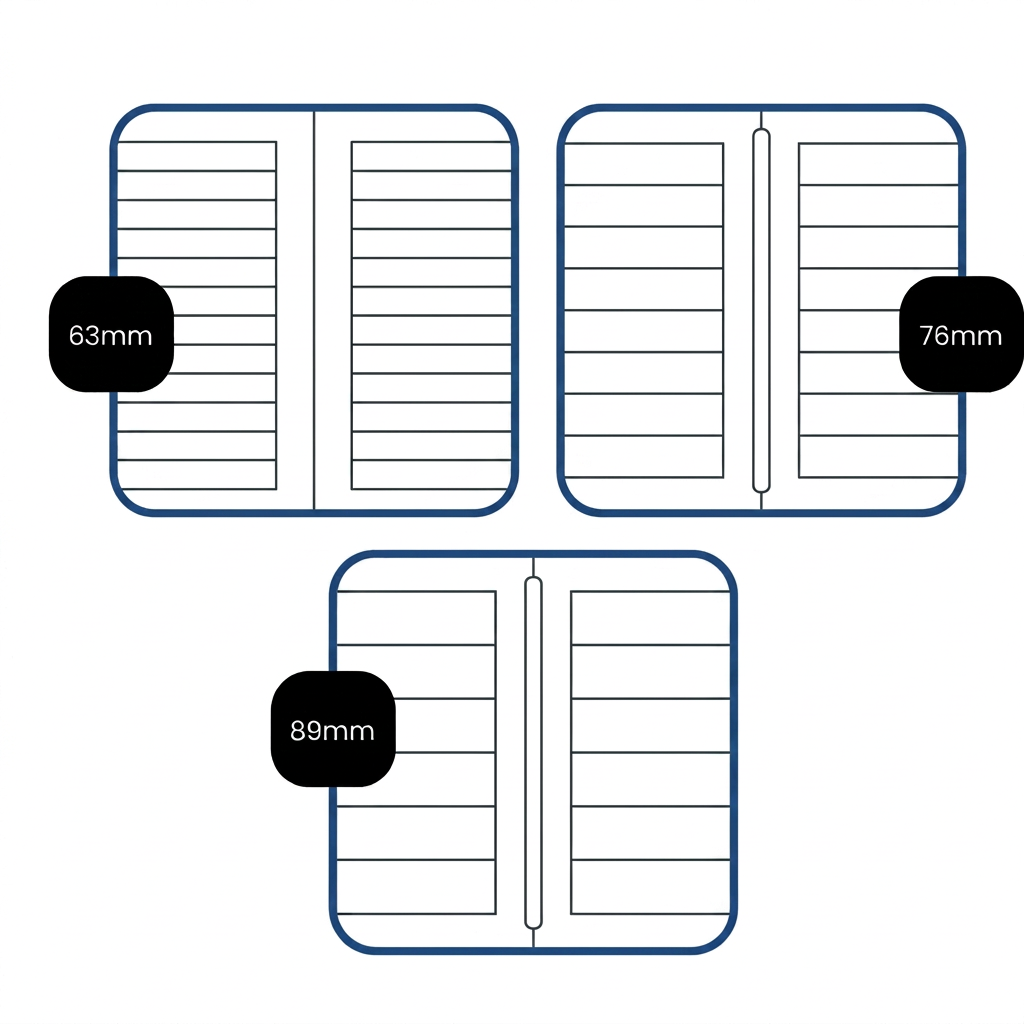 Diagram comparing 63mm, 76mm and 89mm shutter louvre sizes
