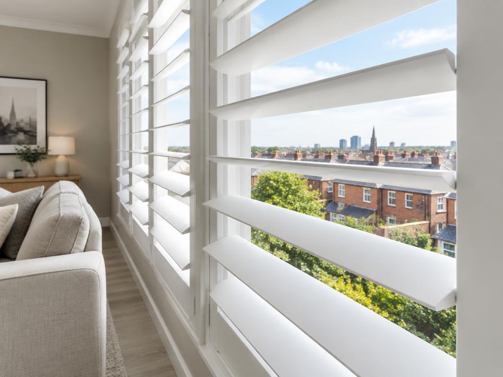 White plantation shutters with wide 89mm slats on a large picture window in a Manchester home