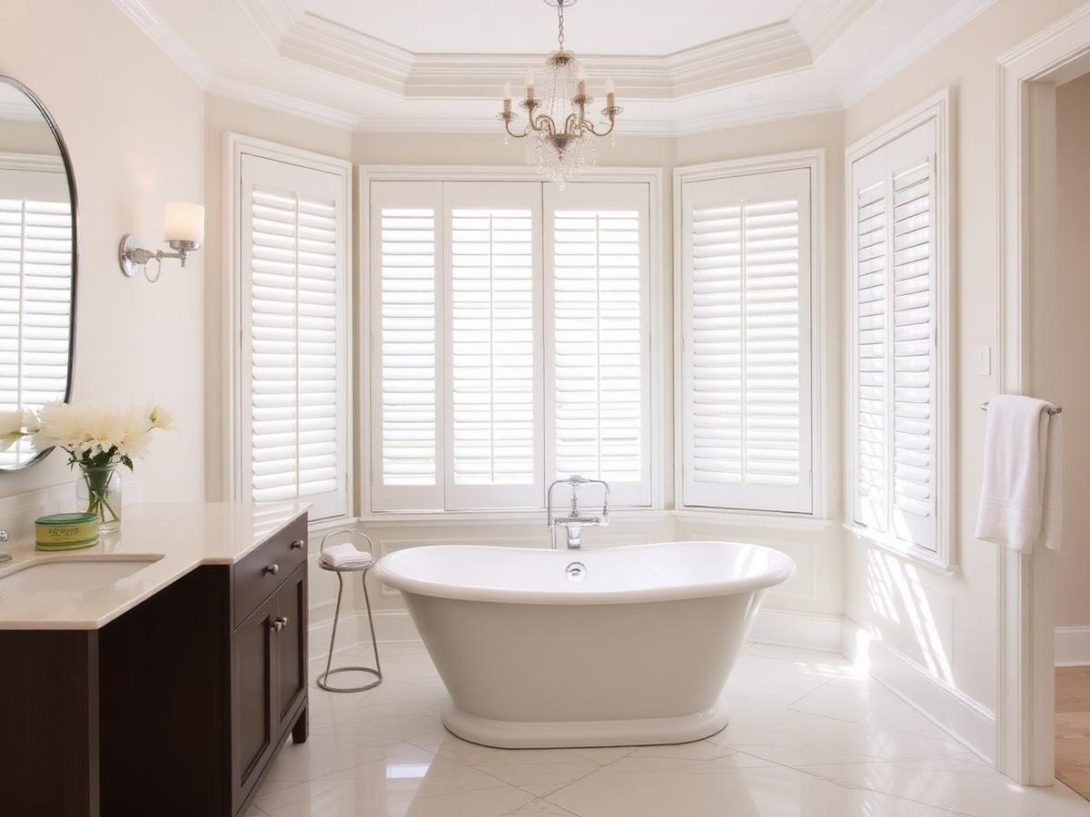 Waterproof white plantation shutters fitted in a Manchester bathroom by Middleton Blinds & Shutters