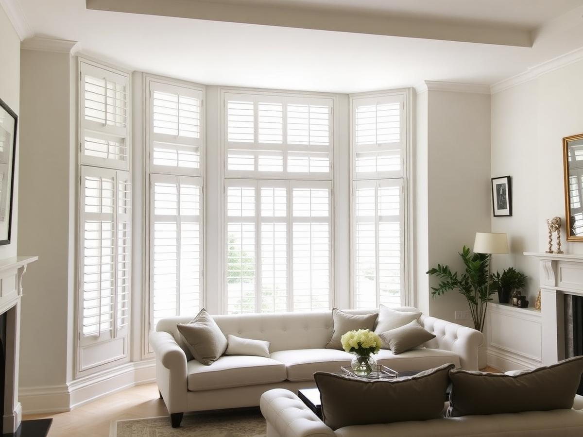 Full-height white plantation shutters in a Manchester bay window living room