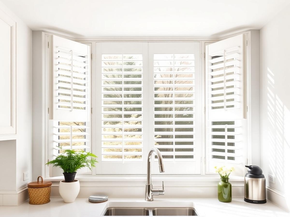 Café-style white plantation shutters on a kitchen window