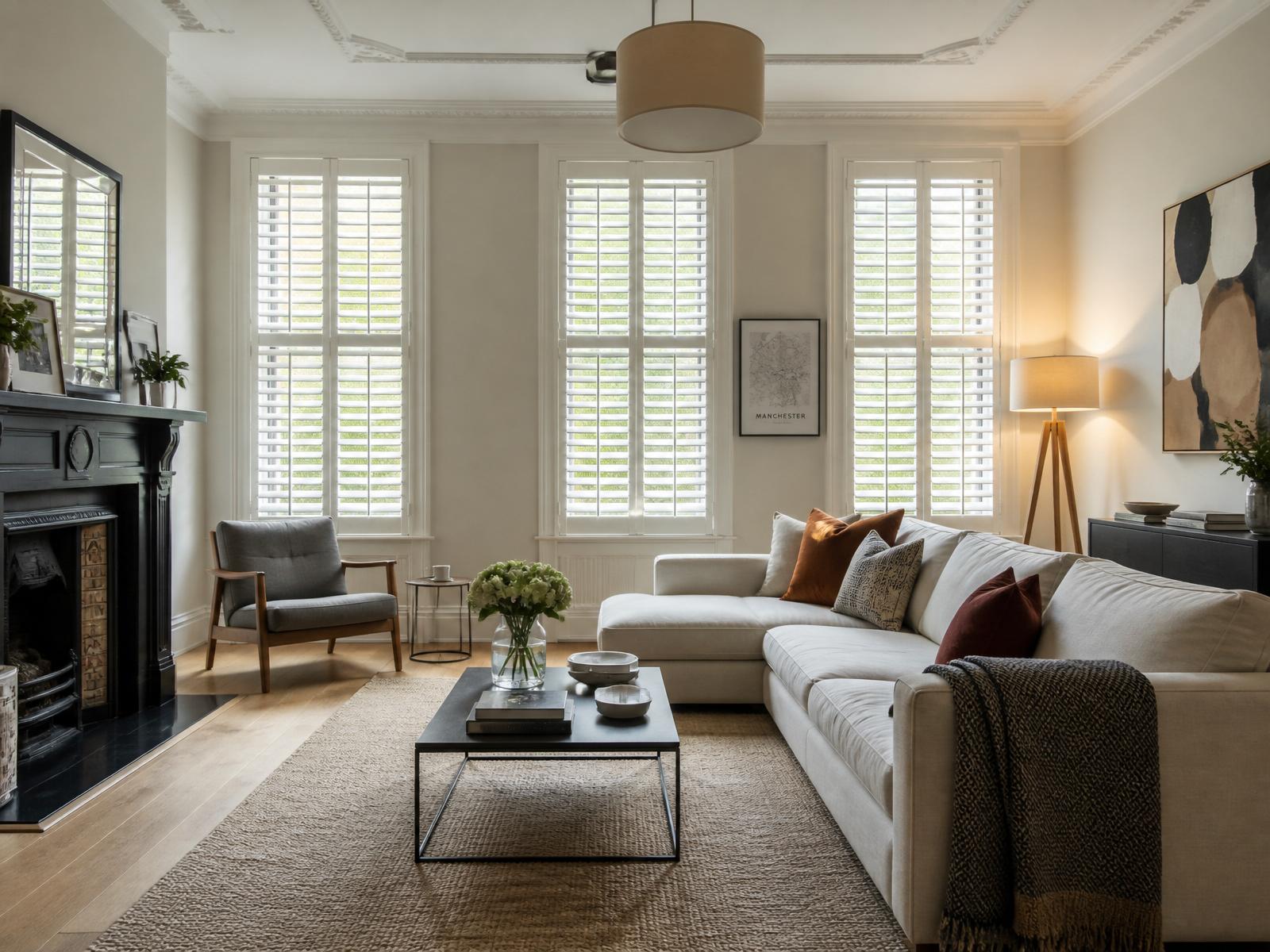 Full living room with white plantation shutters
