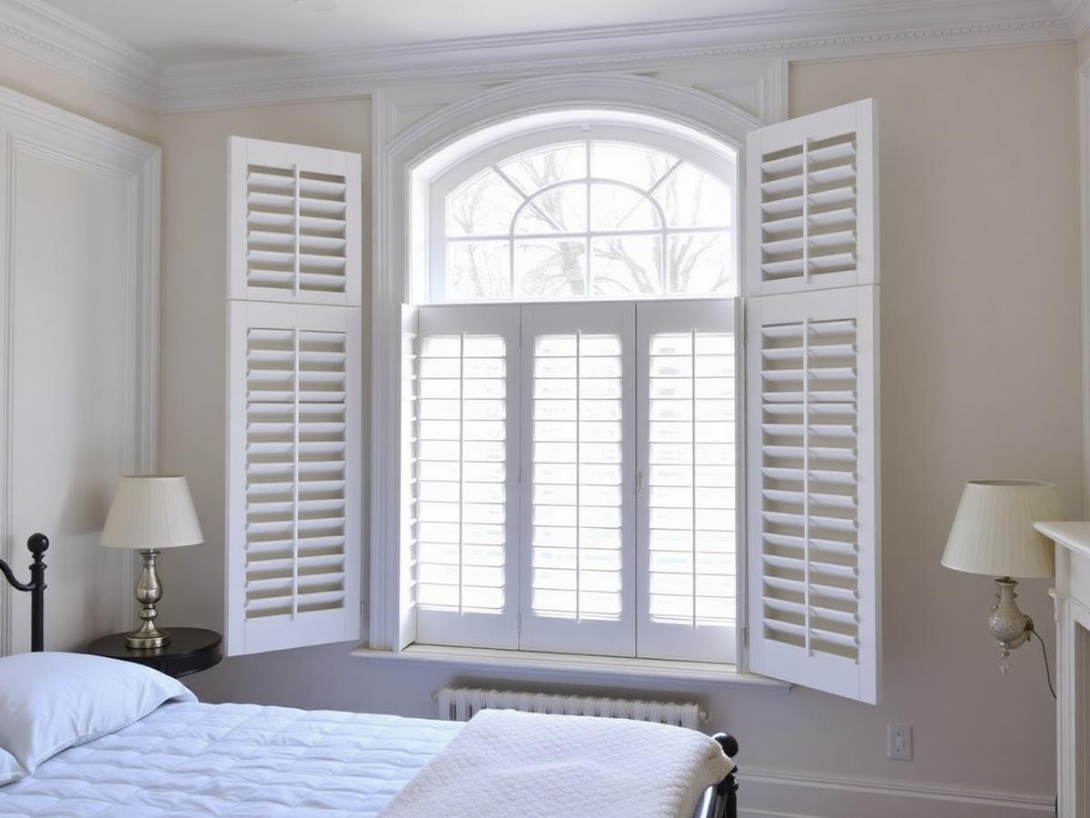 Tier-on-tier white plantation shutters in a Victorian bedroom