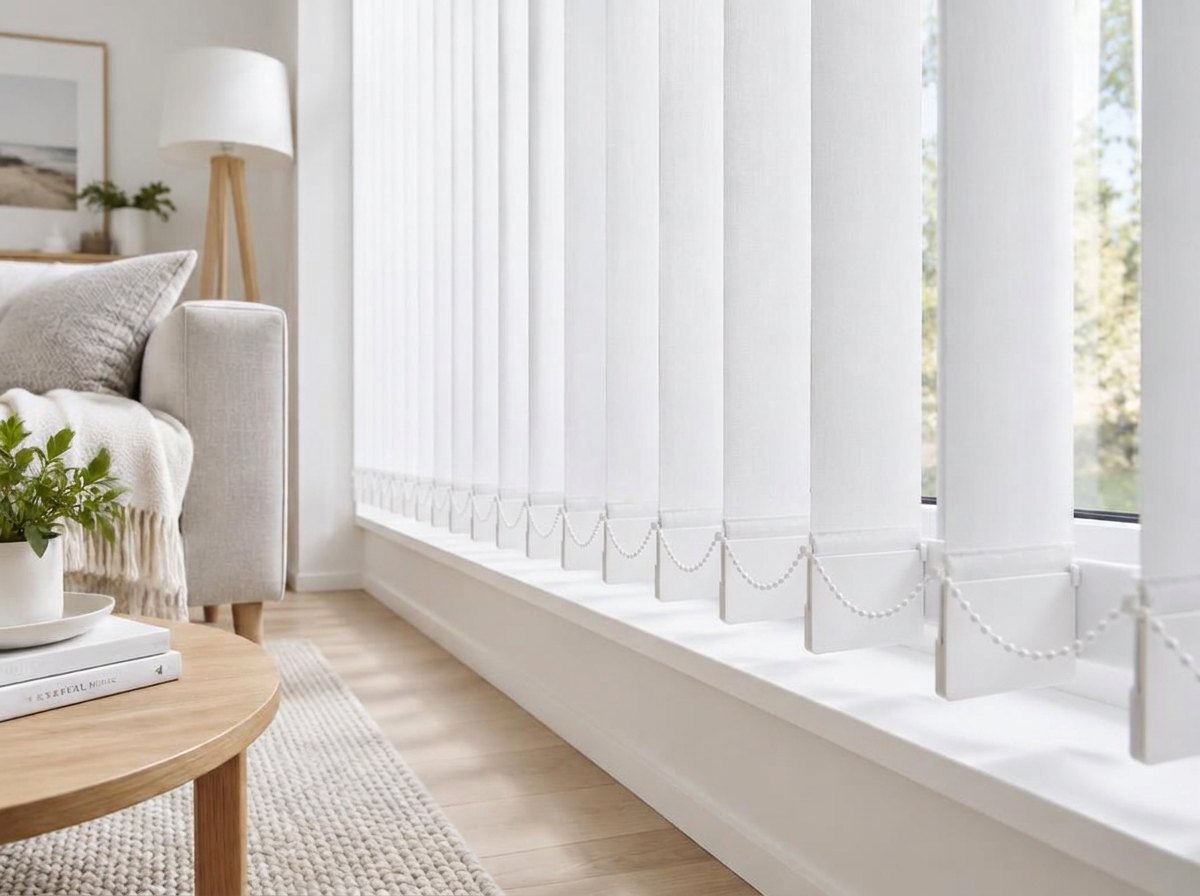 White vertical blinds with flat white bottom weights tucked inside the hems and joined by a white beaded weighting chain
