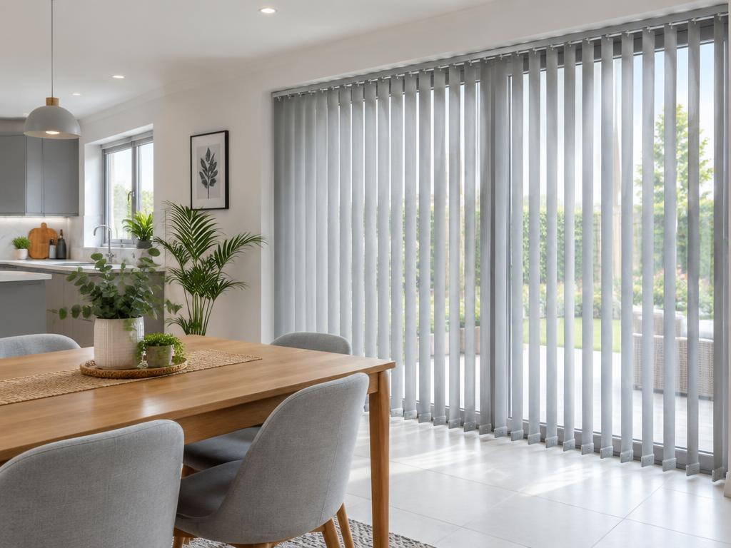 Pale grey vertical blinds with individual bottom weights and no bottom chain