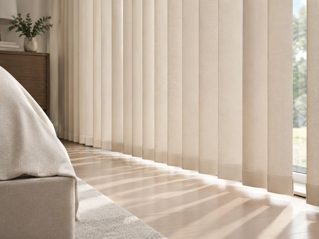 Beige vertical blinds with weights sewn into the hem for a smooth bottom edge